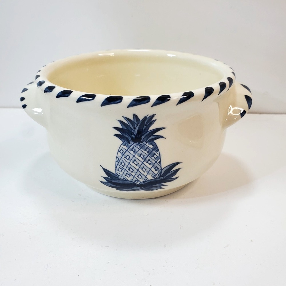 Dovis Designs Stoneware Hand Painted Chowder Bowl Crock Pineapple Lug Handles